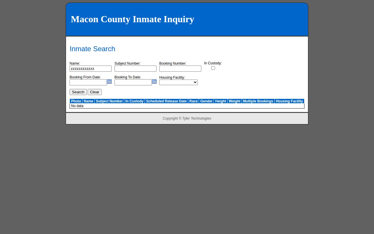 Macon County inmate inquiry search and booking record table