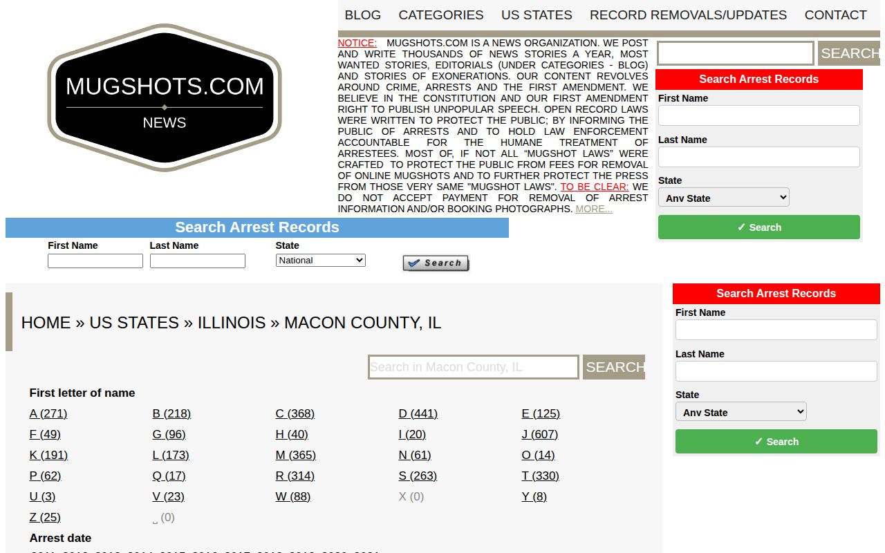 Mugshots.com Macon County archive section context