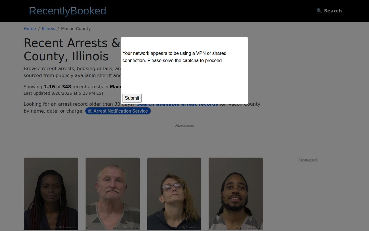 RecentlyBooked Macon County secondary arrest listing context