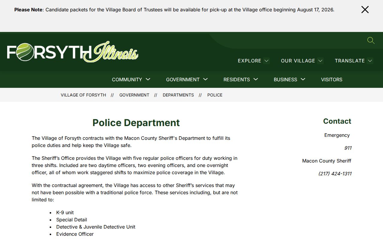 Macon County Forsyth police contract and booking-record source