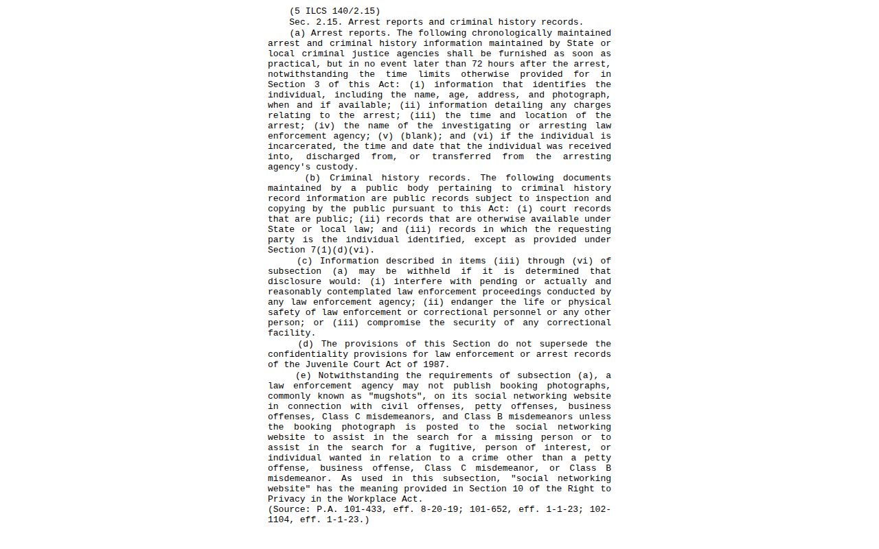 Illinois arrest-report statute context for Macon County wanted and booking records