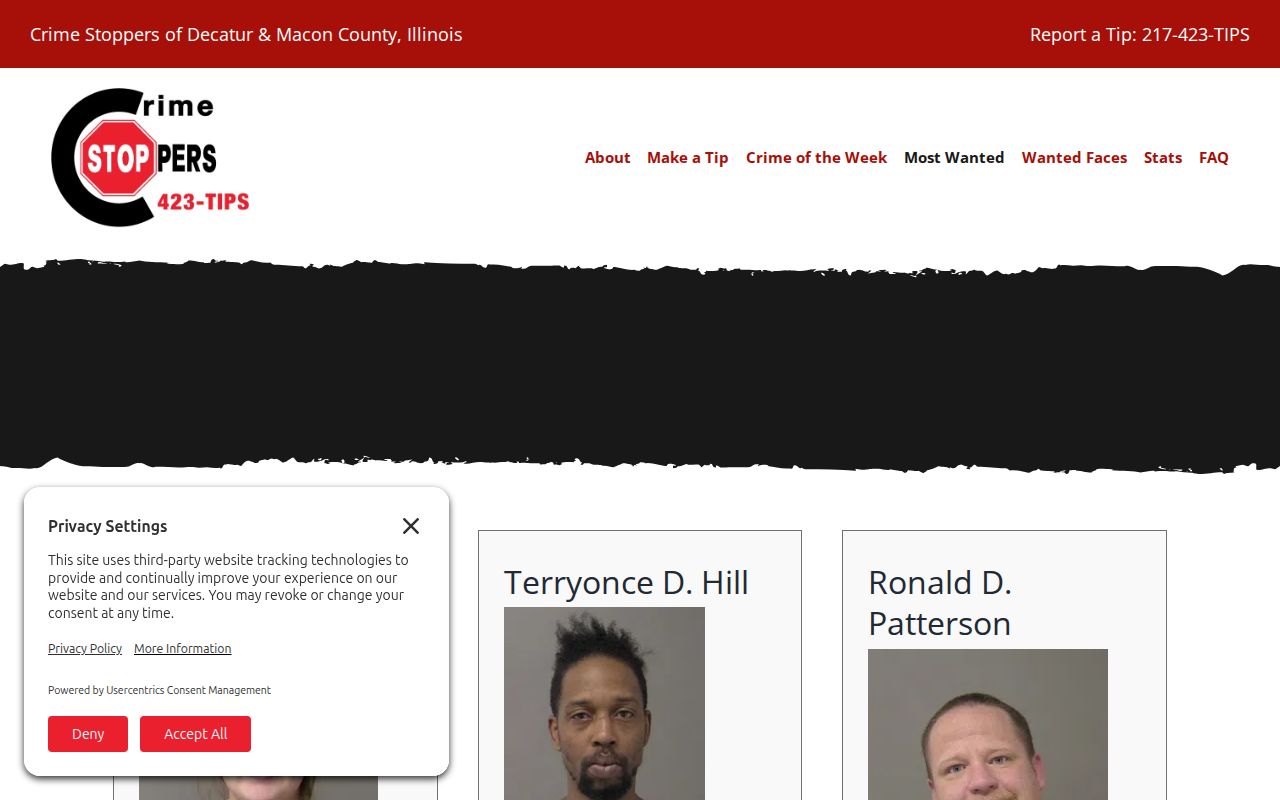 Macon County Crime Stoppers Most Wanted tip page context